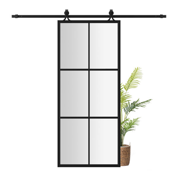 Win Stellar 84" H Black Aluminum Metal Glass Sliding Barn Door with